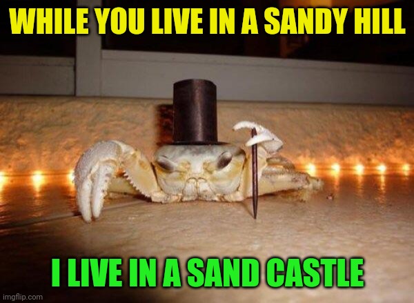 (4 points) | WHILE YOU LIVE IN A SANDY HILL; I LIVE IN A SAND CASTLE | image tagged in fancy crab | made w/ Imgflip meme maker