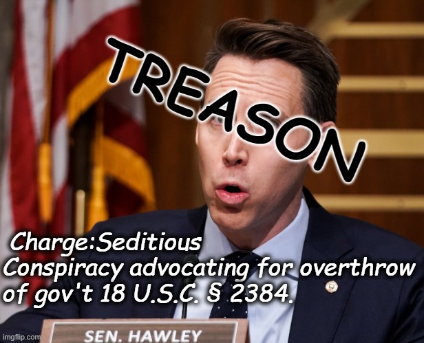 Josh Hawley for Treason | TREASON; Charge:Seditious Conspiracy advocating for overthrow of gov't 18 U.S.C. § 2384. | image tagged in josh hawley,treason,gop,republican,sedition,senators | made w/ Imgflip meme maker