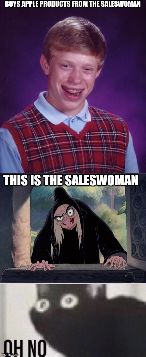 Oh no. Oh no no no. | BUYS APPLE PRODUCTS FROM THE SALESWOMAN; THIS IS THE SALESWOMAN | image tagged in memes,bad luck brian,wicked witch evil queen disney snow white,oh no cat,fairy tales,snow white | made w/ Imgflip meme maker