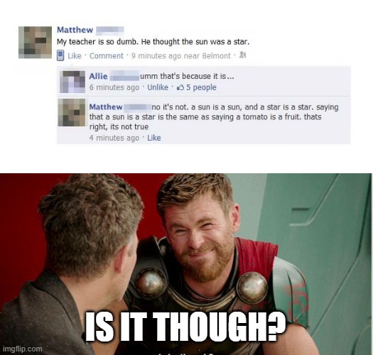 Idiot Facebook Post #3 | IS IT THOUGH? | image tagged in thor is he though,idiot,facebook | made w/ Imgflip meme maker
