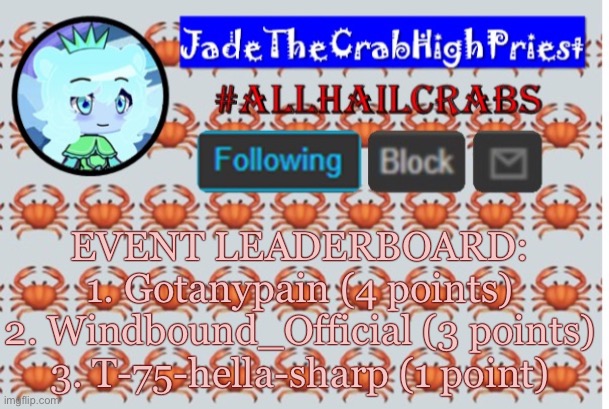JadeTheCrabHighPriest announcement template | EVENT LEADERBOARD:
1. Gotanypain (4 points)
2. Windbound_Official (3 points)
3. T-75-hella-sharp (1 point) | image tagged in jadethecrabhighpriest announcement template | made w/ Imgflip meme maker