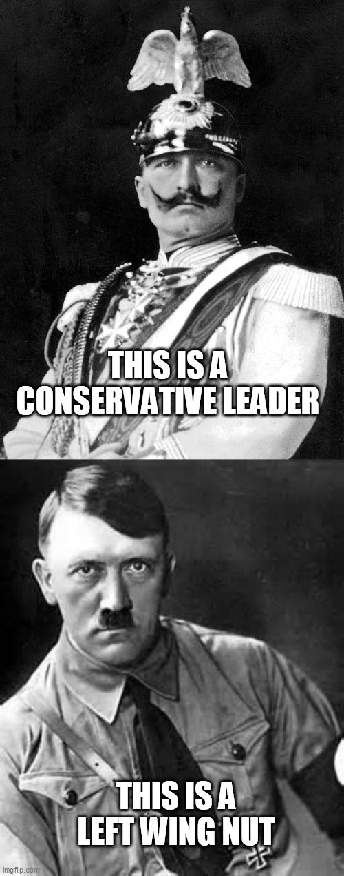THIS IS A CONSERVATIVE LEADER; THIS IS A LEFT WING NUT | image tagged in kaiser wilhelm,adolf hitler | made w/ Imgflip meme maker