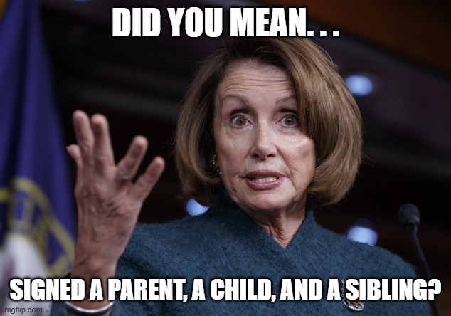 Good old Nancy Pelosi | DID YOU MEAN. . . SIGNED A PARENT, A CHILD, AND A SIBLING? | image tagged in good old nancy pelosi | made w/ Imgflip meme maker