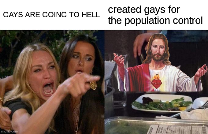screaw you karens | GAYS ARE GOING TO HELL; created gays for the population control | image tagged in memes,woman yelling at cat | made w/ Imgflip meme maker