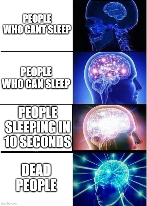 omg i cant | PEOPLE WHO CANT SLEEP; PEOPLE WHO CAN SLEEP; PEOPLE SLEEPING IN 10 SECONDS; DEAD PEOPLE | image tagged in memes,expanding brain | made w/ Imgflip meme maker
