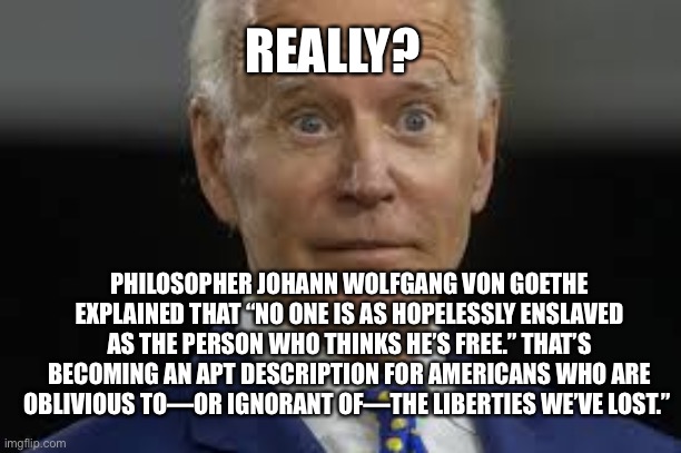 Freedom and Liberty are not the same | REALLY? PHILOSOPHER JOHANN WOLFGANG VON GOETHE EXPLAINED THAT “NO ONE IS AS HOPELESSLY ENSLAVED AS THE PERSON WHO THINKS HE’S FREE.” THAT’S BECOMING AN APT DESCRIPTION FOR AMERICANS WHO ARE OBLIVIOUS TO—OR IGNORANT OF—THE LIBERTIES WE’VE LOST.” | image tagged in really,biden,cheater | made w/ Imgflip meme maker
