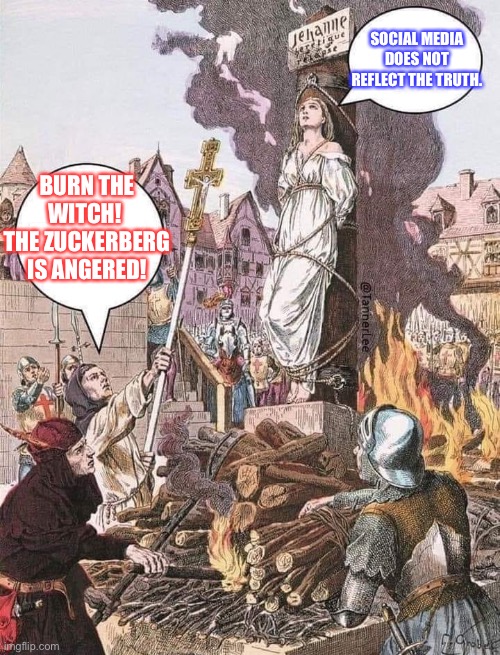 Burn the witch | SOCIAL MEDIA DOES NOT REFLECT THE TRUTH. BURN THE WITCH!  THE ZUCKERBERG IS ANGERED! | image tagged in burn the witch | made w/ Imgflip meme maker