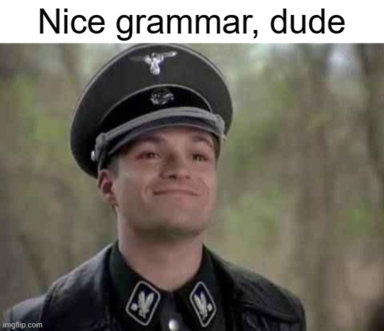 grammar nazi | Nice grammar, dude | image tagged in grammar nazi | made w/ Imgflip meme maker