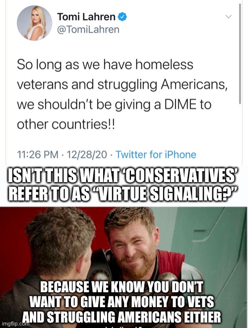 Shameless hypocrisy | ISN’T THIS WHAT ‘CONSERVATIVES’ REFER TO AS “VIRTUE SIGNALING?”; BECAUSE WE KNOW YOU DON’T WANT TO GIVE ANY MONEY TO VETS AND STRUGGLING AMERICANS EITHER | image tagged in thor is he though,tomi lahren,conservative hypocrisy,hypocrisy | made w/ Imgflip meme maker
