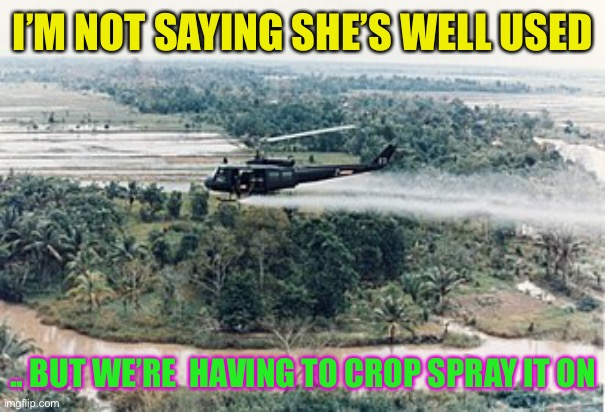 agent orange | I’M NOT SAYING SHE’S WELL USED .. BUT WE’RE  HAVING TO CROP SPRAY IT ON | image tagged in agent orange | made w/ Imgflip meme maker