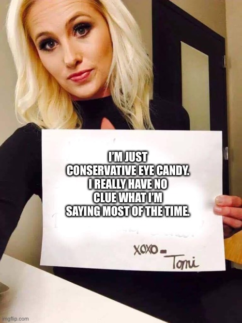Tomi Lahren | I’M JUST CONSERVATIVE EYE CANDY.
I REALLY HAVE NO CLUE WHAT I’M SAYING MOST OF THE TIME. | image tagged in tomi lahren | made w/ Imgflip meme maker