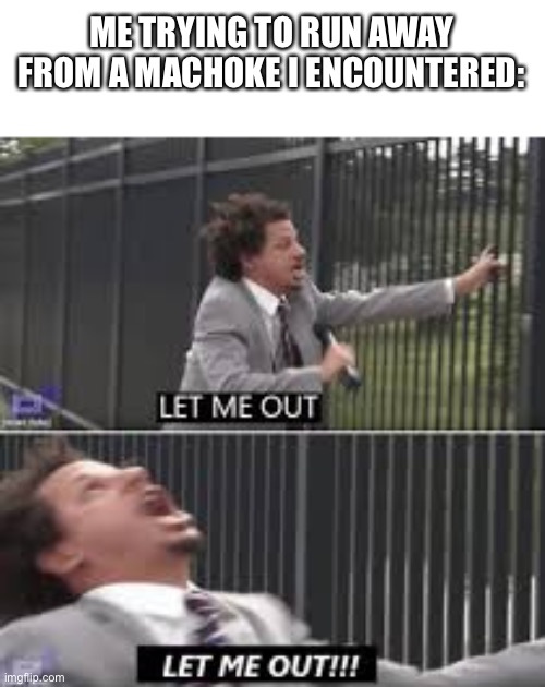 Good thing I wasn’t doing a nuzlocke | ME TRYING TO RUN AWAY FROM A MACHOKE I ENCOUNTERED: | image tagged in let me out,pokemon | made w/ Imgflip meme maker