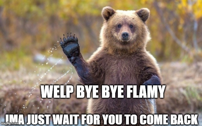 he probably will | WELP BYE BYE FLAMY; IMA JUST WAIT FOR YOU TO COME BACK | image tagged in bye bye bear | made w/ Imgflip meme maker