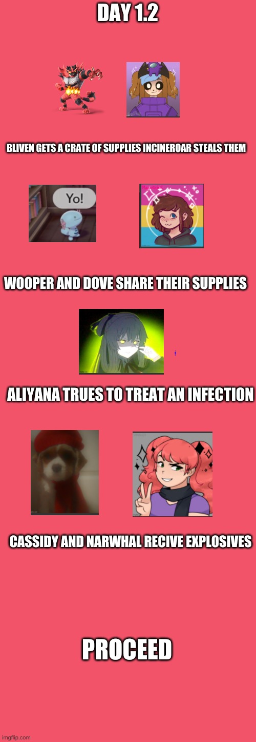 day 1.2 | DAY 1.2; BLIVEN GETS A CRATE OF SUPPLIES INCINEROAR STEALS THEM; WOOPER AND DOVE SHARE THEIR SUPPLIES; ALIYANA TRUES TO TREAT AN INFECTION; CASSIDY AND NARWHAL RECIVE EXPLOSIVES; PROCEED | image tagged in blank red | made w/ Imgflip meme maker