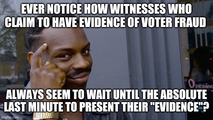 Roll Safe Think About It | EVER NOTICE HOW WITNESSES WHO CLAIM TO HAVE EVIDENCE OF VOTER FRAUD; ALWAYS SEEM TO WAIT UNTIL THE ABSOLUTE LAST MINUTE TO PRESENT THEIR "EVIDENCE"? | image tagged in memes,roll safe think about it | made w/ Imgflip meme maker