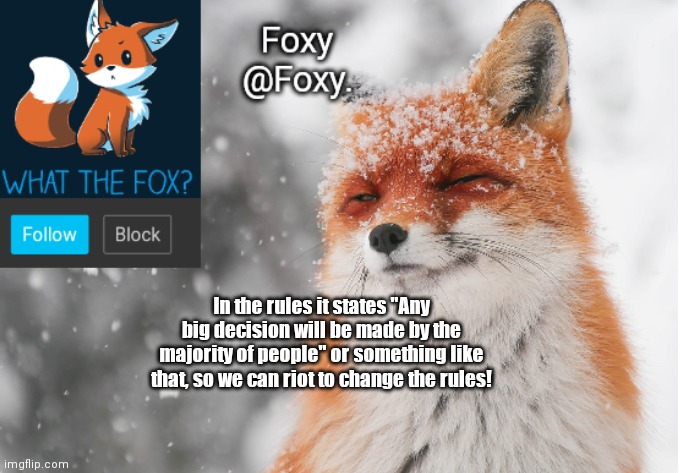 MUHAHAHAHAH | In the rules it states "Any big decision will be made by the majority of people" or something like that, so we can riot to change the rules! | image tagged in foxy's announcement template | made w/ Imgflip meme maker