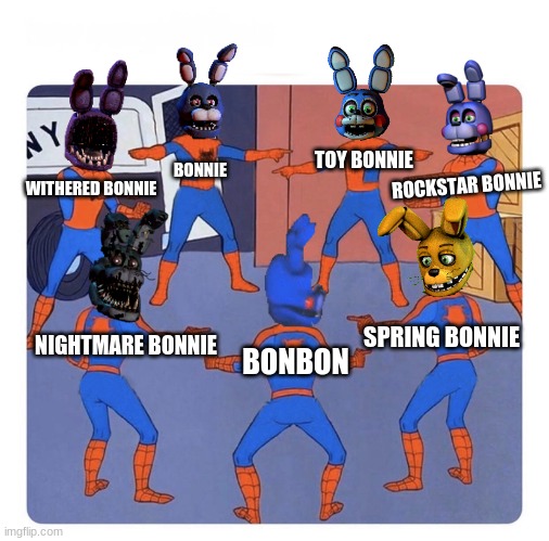part 2 to the last one | TOY BONNIE; BONNIE; ROCKSTAR BONNIE; WITHERED BONNIE; SPRING BONNIE; NIGHTMARE BONNIE; BONBON | image tagged in 7 spidermen pointing | made w/ Imgflip meme maker