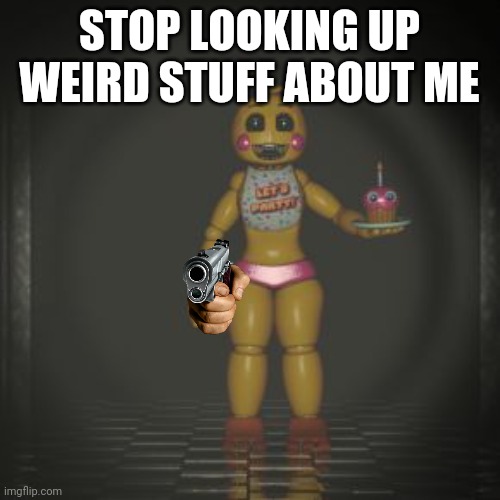 STOP | STOP LOOKING UP WEIRD STUFF ABOUT ME | image tagged in toy chica | made w/ Imgflip meme maker