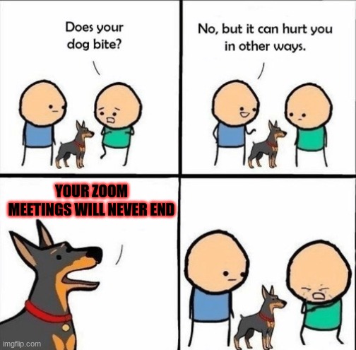 does your dog bite | YOUR ZOOM MEETINGS WILL NEVER END | image tagged in does your dog bite | made w/ Imgflip meme maker