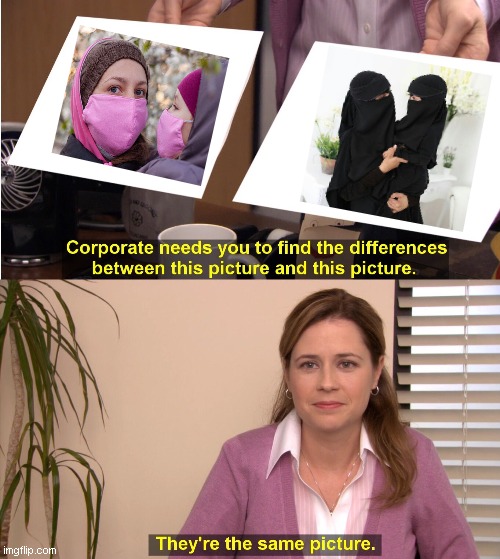 Authoritarian religions are always birthed from the notion that submission will save you from something bad | image tagged in memes,they're the same picture,covid-19,masks,muslim veils,authoritarianism | made w/ Imgflip meme maker