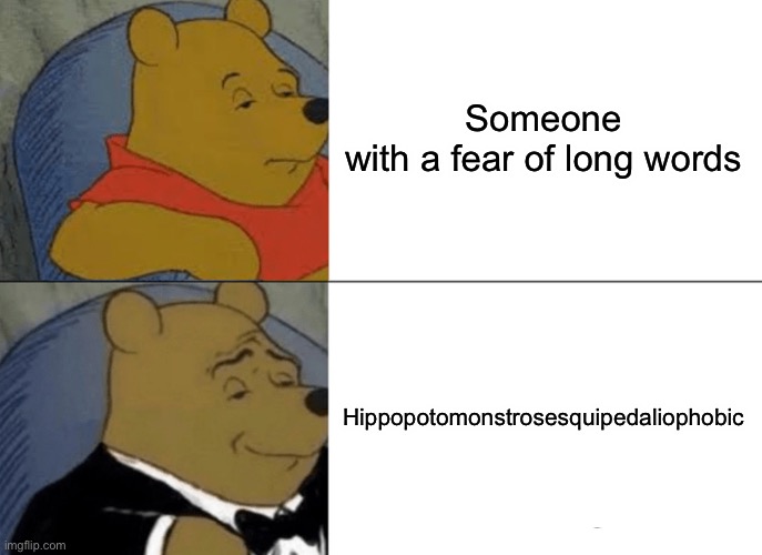 Tuxedo Winnie The Pooh | Someone with a fear of long words; Hippopotomonstrosesquipedaliophobic | image tagged in memes,tuxedo winnie the pooh | made w/ Imgflip meme maker