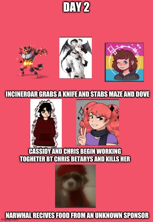 day 2 | DAY 2; INCINEROAR GRABS A KNIFE AND STABS MAZE AND DOVE; CASSIDY AND CHRIS BEGIN WORKING TOGHETER BT CHRIS BETARYS AND KILLS HER; NARWHAL RECIVES FOOD FROM AN UNKNOWN SPONSOR | image tagged in blank red | made w/ Imgflip meme maker