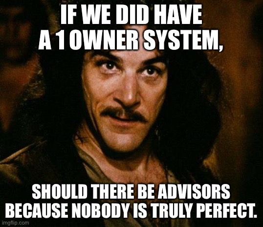 Just an idea | IF WE DID HAVE A 1 OWNER SYSTEM, SHOULD THERE BE ADVISORS BECAUSE NOBODY IS TRULY PERFECT. | image tagged in memes,inigo montoya | made w/ Imgflip meme maker