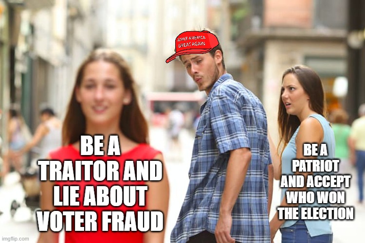 Think about what you are doing | BE A PATRIOT AND ACCEPT WHO WON THE ELECTION; BE A TRAITOR AND LIE ABOUT VOTER FRAUD | image tagged in memes,distracted boyfriend,make america great again,traitors,trump supporters,election 2020 | made w/ Imgflip meme maker