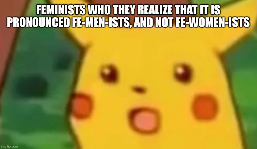 Surprised Pickachu | FEMINISTS WHO THEY REALIZE THAT IT IS PRONOUNCED FE-MEN-ISTS, AND NOT FE-WOMEN-ISTS | image tagged in surprised pickachu | made w/ Imgflip meme maker