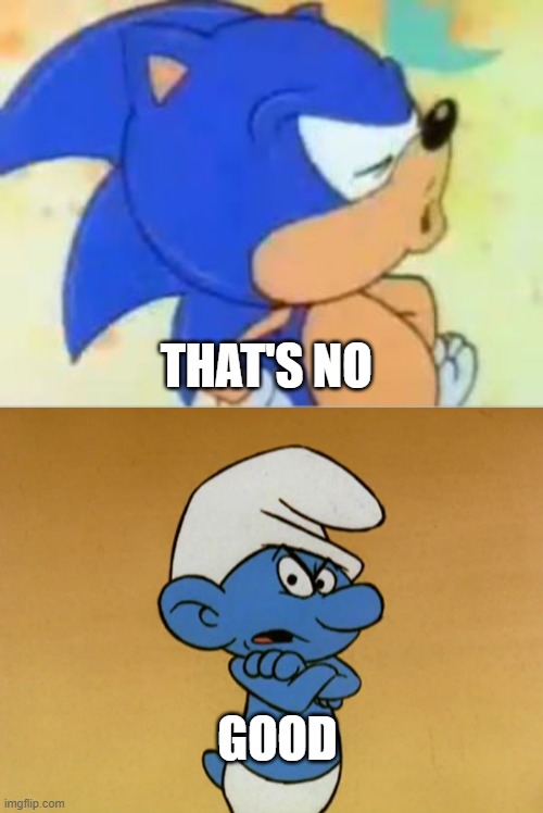 GOOD THAT'S NO | image tagged in sonic that's no good,grumpy smurf | made w/ Imgflip meme maker