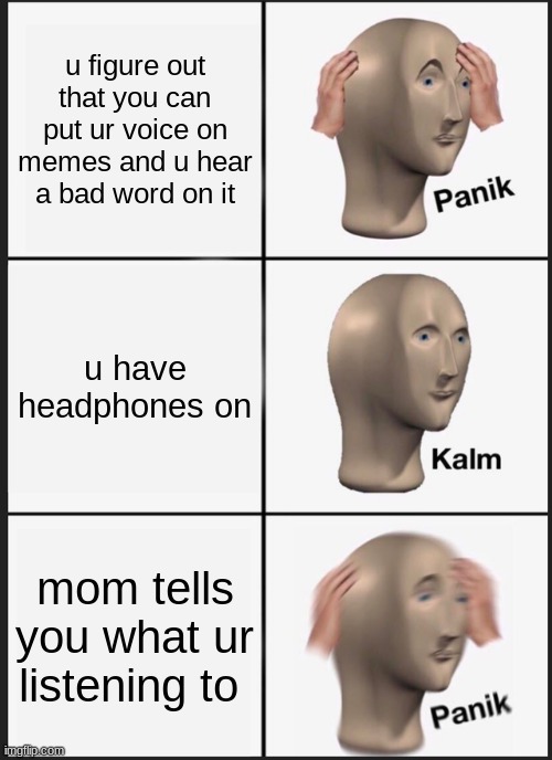 you cant actually do this | u figure out that you can put ur voice on memes and u hear a bad word on it; u have headphones on; mom tells you what ur listening to | image tagged in memes,panik kalm panik | made w/ Imgflip meme maker