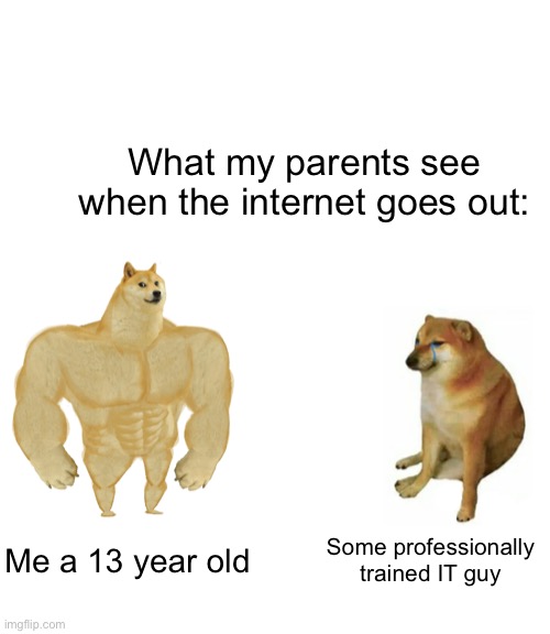 Buff Doge vs. Cheems | What my parents see when the internet goes out:; Me a 13 year old; Some professionally trained IT guy | image tagged in memes,buff doge vs cheems | made w/ Imgflip meme maker