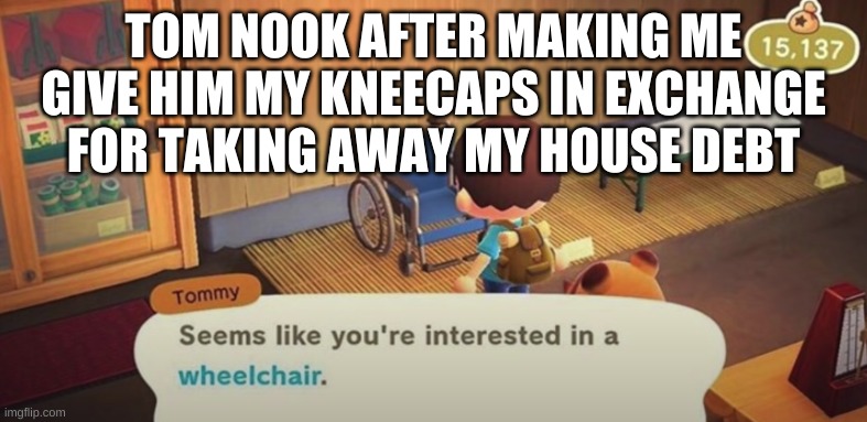 Tom Nook, that extortionist! | TOM NOOK AFTER MAKING ME GIVE HIM MY KNEECAPS IN EXCHANGE FOR TAKING AWAY MY HOUSE DEBT | image tagged in seems like you're interested in a wheelchair | made w/ Imgflip meme maker