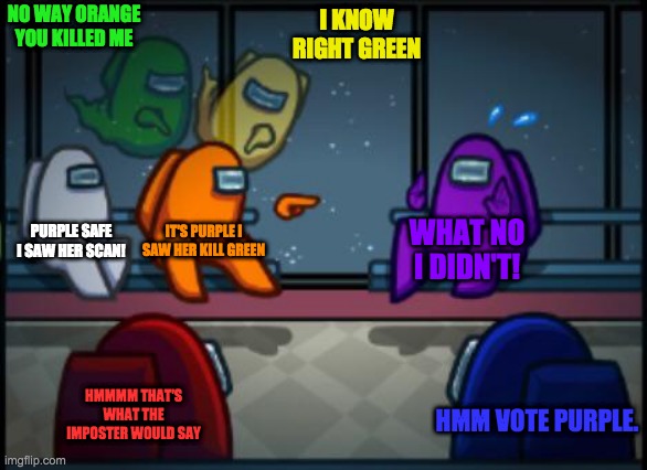 Among us blame | NO WAY ORANGE YOU KILLED ME; I KNOW RIGHT GREEN; PURPLE SAFE I SAW HER SCAN! IT'S PURPLE I SAW HER KILL GREEN; WHAT NO I DIDN'T! HMMMM THAT'S WHAT THE IMPOSTER WOULD SAY; HMM VOTE PURPLE. | image tagged in among us blame | made w/ Imgflip meme maker