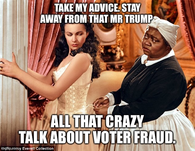 TAKE MY ADVICE. STAY AWAY FROM THAT MR TRUMP ALL THAT CRAZY TALK ABOUT VOTER FRAUD. | made w/ Imgflip meme maker