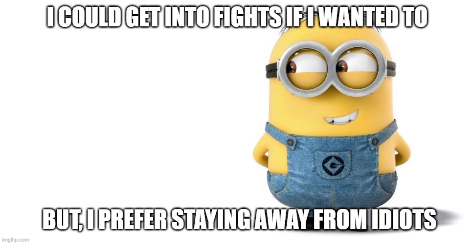 minion | I COULD GET INTO FIGHTS IF I WANTED TO; BUT, I PREFER STAYING AWAY FROM IDIOTS | image tagged in minion | made w/ Imgflip meme maker