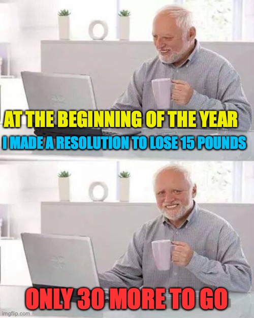 It is hard sometimes -/'-'\- | AT THE BEGINNING OF THE YEAR; I MADE A RESOLUTION TO LOSE 15 POUNDS; ONLY 30 MORE TO GO | image tagged in memes,hide the pain harold | made w/ Imgflip meme maker
