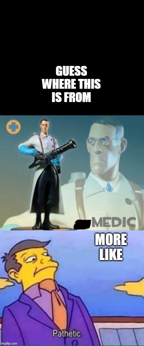 guess where this is from | GUESS WHERE THIS IS FROM; MORE LIKE | image tagged in the medic tf2 | made w/ Imgflip meme maker