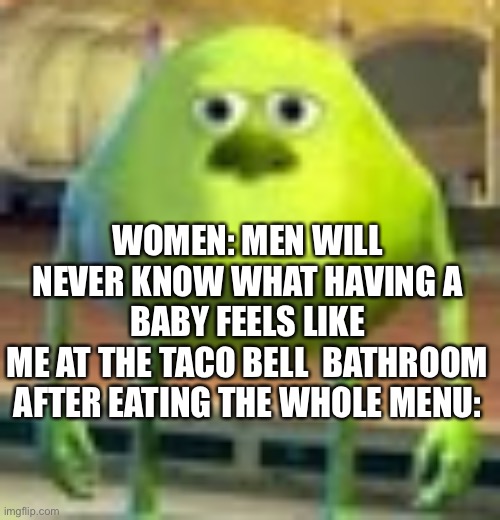 Sully Wazowski | WOMEN: MEN WILL NEVER KNOW WHAT HAVING A BABY FEELS LIKE
ME AT THE TACO BELL  BATHROOM AFTER EATING THE WHOLE MENU: | image tagged in sully wazowski | made w/ Imgflip meme maker