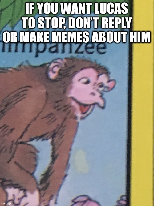 Chimpanzee pog | IF YOU WANT LUCAS TO STOP, DON’T REPLY OR MAKE MEMES ABOUT HIM | image tagged in chimpanzee pog | made w/ Imgflip meme maker