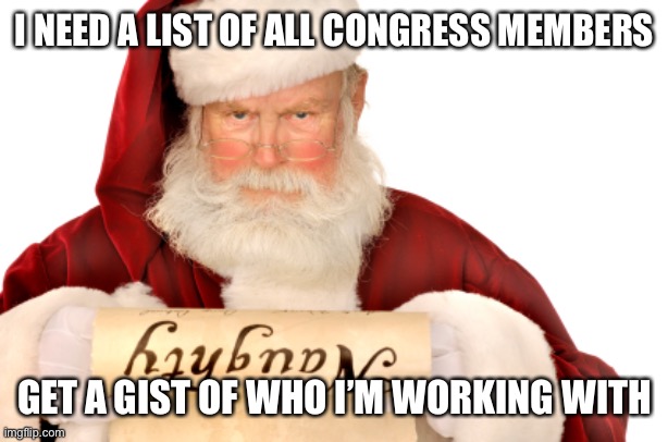 And your proposed amendments to any laws | I NEED A LIST OF ALL CONGRESS MEMBERS; GET A GIST OF WHO I’M WORKING WITH | image tagged in santa naughty list | made w/ Imgflip meme maker