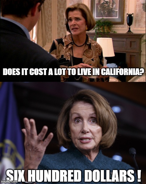 DOES IT COST A LOT TO LIVE IN CALIFORNIA? SIX HUNDRED DOLLARS ! | image tagged in arrested development how much would a banana cost,good old nancy pelosi | made w/ Imgflip meme maker