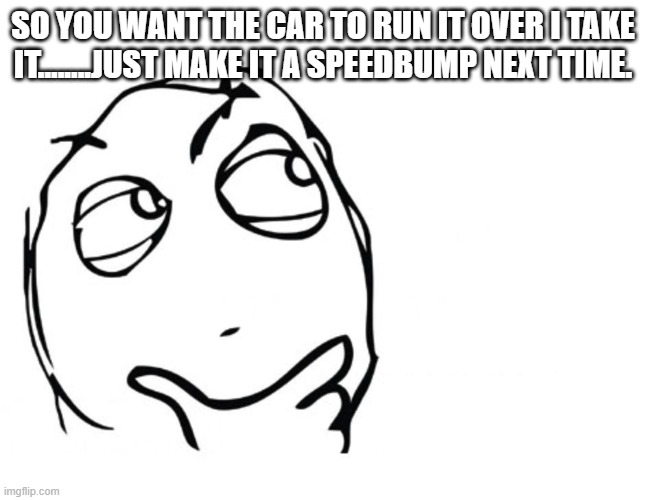 hmmm | SO YOU WANT THE CAR TO RUN IT OVER I TAKE IT........JUST MAKE IT A SPEEDBUMP NEXT TIME. | image tagged in hmmm | made w/ Imgflip meme maker