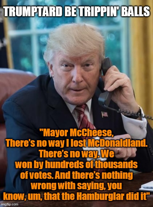 trumptard be trippin' balls | TRUMPTARD BE TRIPPIN' BALLS; "Mayor McCheese, There’s no way I lost McDonaldland. There’s no way. We won by hundreds of thousands of votes. And there’s nothing wrong with saying, you know, um, that the Hamburglar did it" | image tagged in trump phone | made w/ Imgflip meme maker