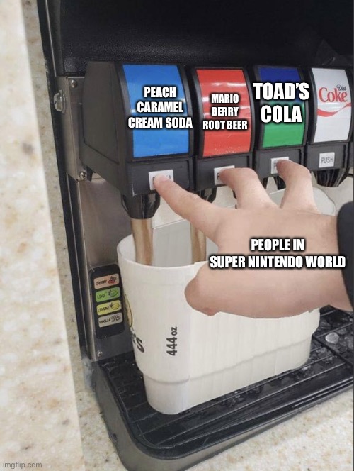 Triple Soda Pour | PEACH CARAMEL CREAM SODA; TOAD’S COLA; MARIO BERRY ROOT BEER; PEOPLE IN SUPER NINTENDO WORLD | image tagged in triple soda pour,memes,nintendo,soda,super mario | made w/ Imgflip meme maker