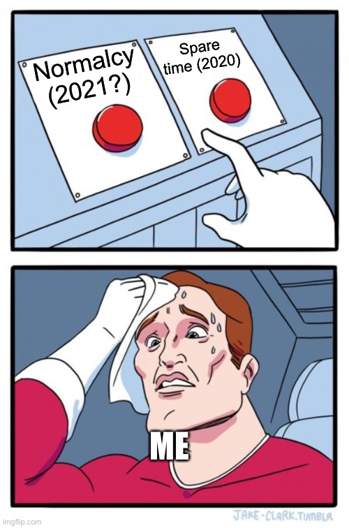 I still can’t decide... | Spare time (2020); Normalcy (2021?); ME | image tagged in memes,two buttons | made w/ Imgflip meme maker