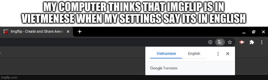 hình như IMGflip là tiếng Việt | MY COMPUTER THINKS THAT IMGFLIP IS IN VIETMENESE WHEN MY SETTINGS SAY ITS IN ENGLISH | image tagged in memes,why,google translate | made w/ Imgflip meme maker