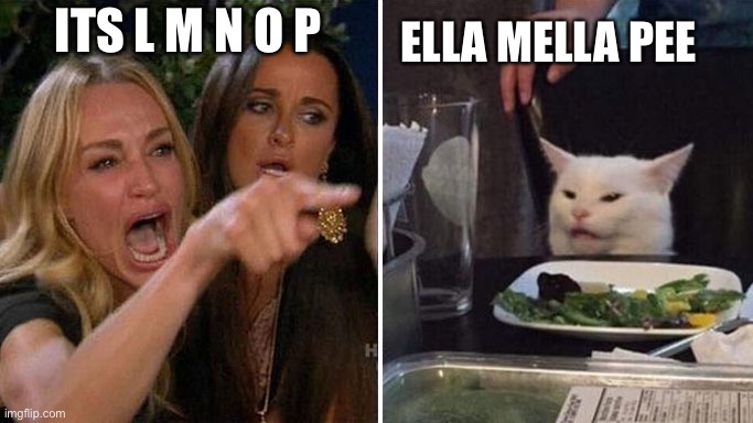 Angry lady cat | ITS L M N O P; ELLA MELLA PEE | image tagged in angry lady cat | made w/ Imgflip meme maker