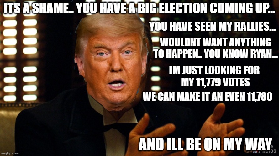 ITS A SHAME.. YOU HAVE A BIG ELECTION COMING UP... YOU HAVE SEEN MY RALLIES... WOULDNT WANT ANYTHING TO HAPPEN.. YOU KNOW RYAN... IM JUST LOOKING FOR 
MY 11,779 VOTES; WE CAN MAKE IT AN EVEN 11,780; AND ILL BE ON MY WAY | image tagged in angry mob | made w/ Imgflip meme maker