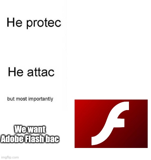 He protec he attac but most importantly | We want Adobe Flash bac | image tagged in he protec he attac but most importantly | made w/ Imgflip meme maker